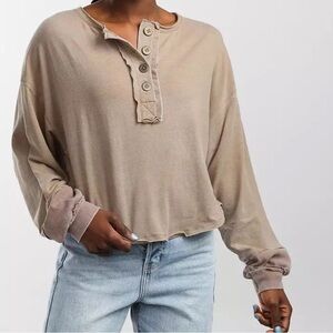 Buckle Gilded Intent Y2K Peasant Boho Western Cowgirl Rib Knit Henley Top Tan L